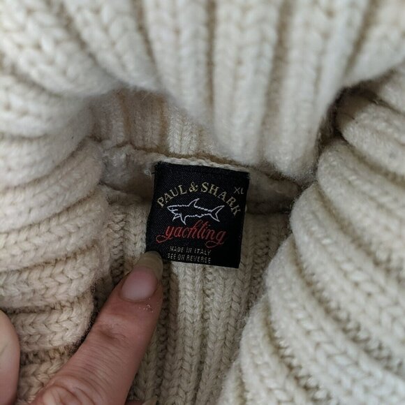 Paul & Shark Yachting 100% Wool Cream Beige Knit Sweater Patches XL Turtleneck - Picture 6 of 16
